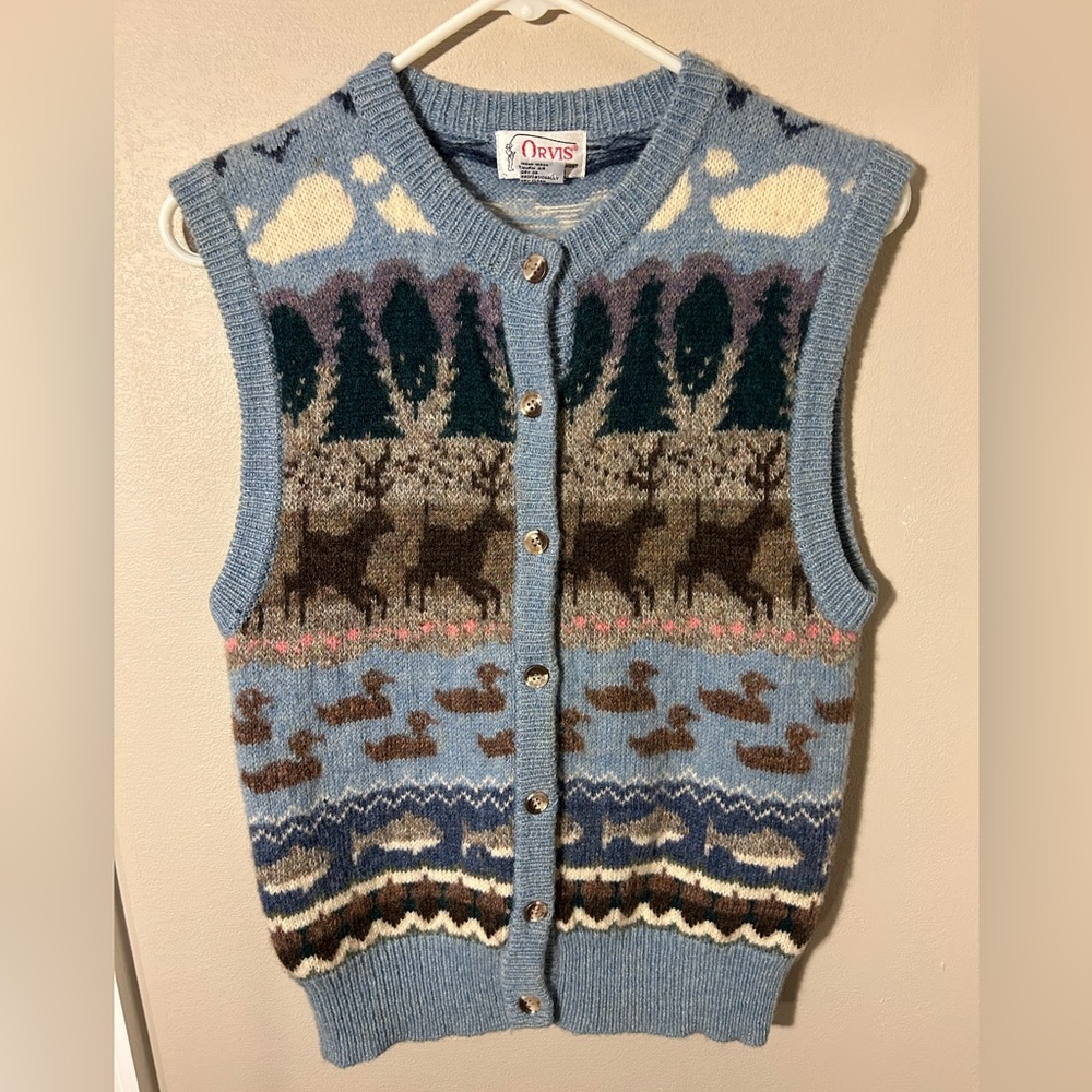 VINTAGE ORVIS SHETLAND WOOL SWEATER VEST WIRH NATURE GRAPHICS SIZE S
